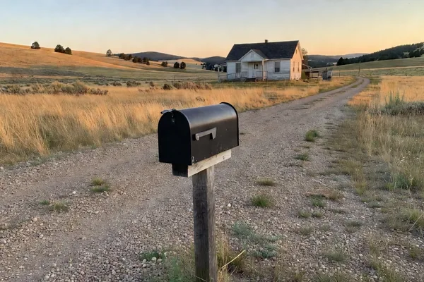 A black rural mailbox at the end of a gravel lane leading to a white farmhouse in golden grassland