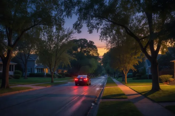Car taillights pulling away down a quiet tree-lined street at dusk after a calm custody handoff