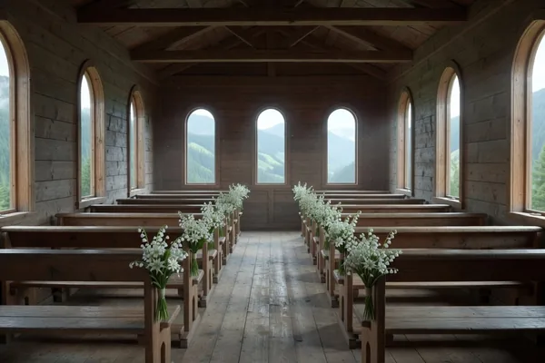 An empty wooden mountain chapel with rows of pews and white flowers tied along the aisle before a wedding