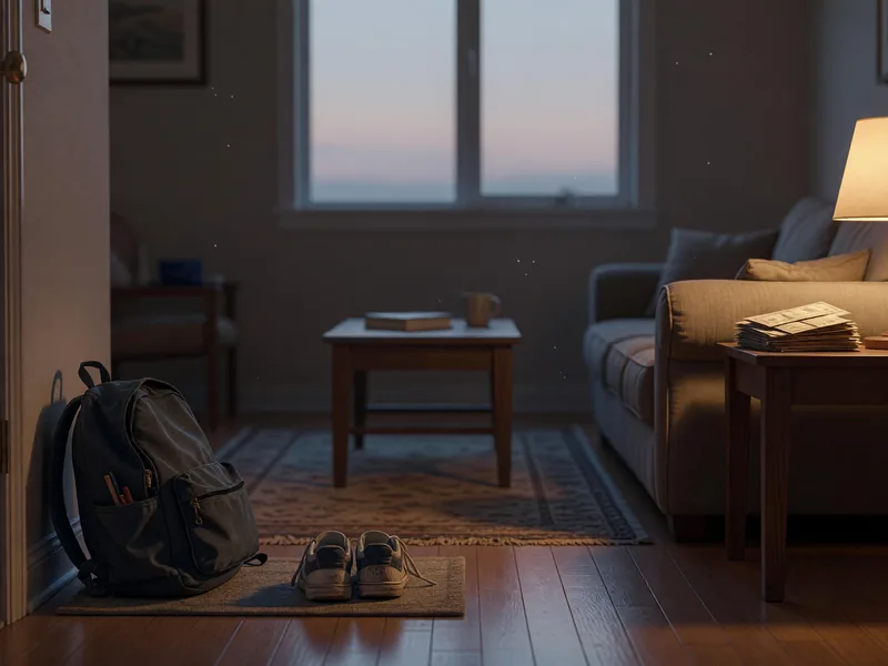 A child's backpack and sneakers by the front door of a dim living room, bills stacked beside a lamp