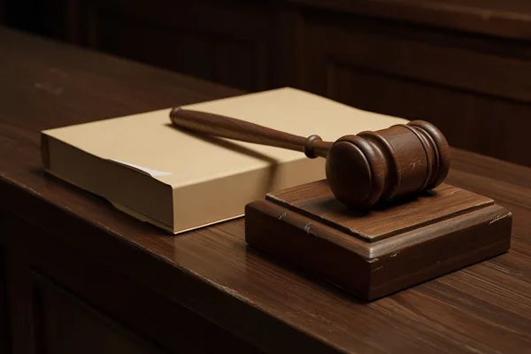 A wooden gavel on its sound block beside a thick case file on a courtroom bench