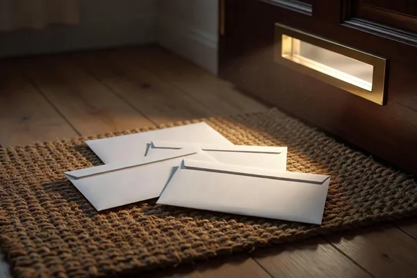 Several blank envelopes lying on a doormat beneath a brass mail slot in morning light