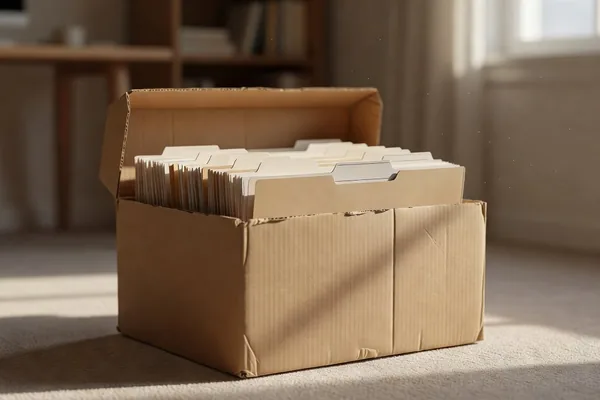 An open cardboard box of filed folders sitting on the carpet of a sunlit room