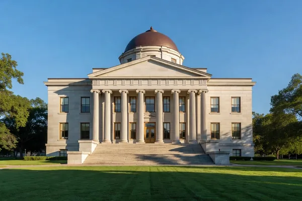 A columned county courthouse with a copper dome and wide stone steps under a clear blue sky