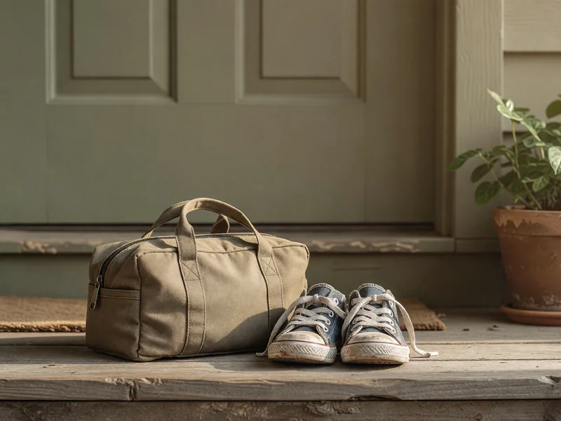 Overnight bag and a child's sneakers waiting on a front porch step before a custody exchange in Colorado