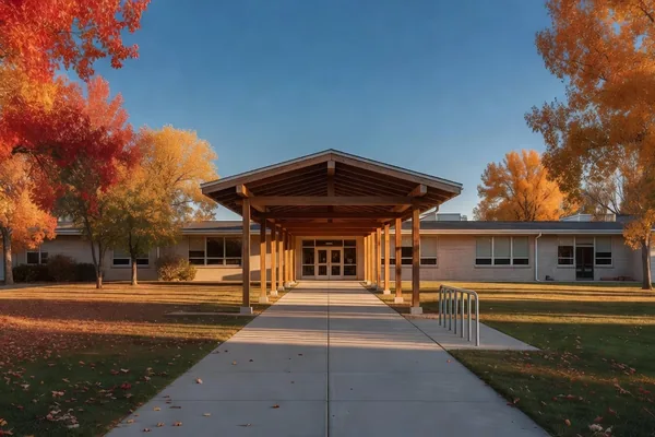 An elementary school entrance with a covered walkway and autumn trees, a neutral place for parenting time exchanges