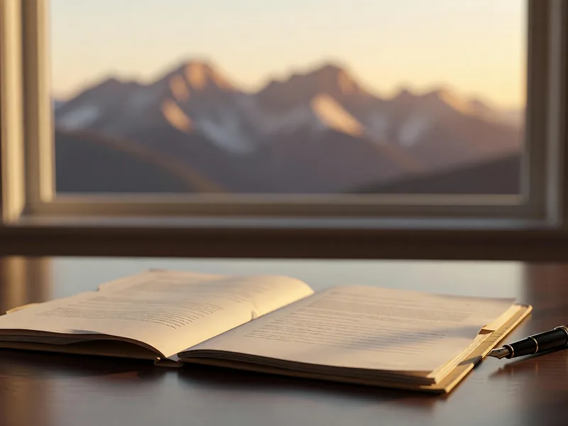 An open case file and a fountain pen on a desk, with Colorado mountains through the window behind