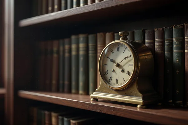 A brass mantel clock on a law office bookshelf, marking a fixed stretch of time