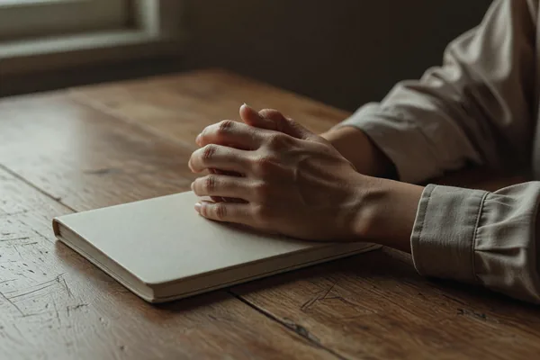 A person's hands folded on a closed notebook at a table, waiting to talk