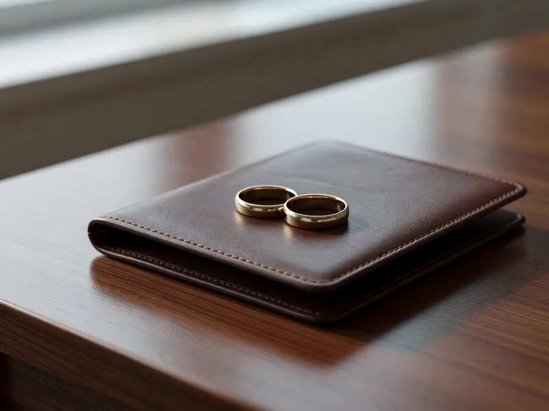 Two gold wedding bands resting on a closed leather folder, a quiet symbol of domestic partnership vs marriage