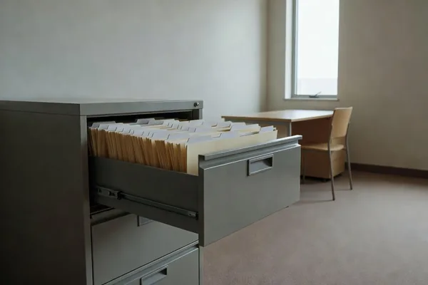 A half-open gray filing cabinet drawer full of manila folders in a quiet office, where employer benefits paperwork is kept