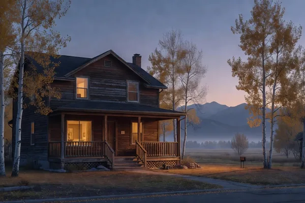 A two-story wooden family home with a front porch at dusk, lit windows, golden aspens in the yard and mountains behind