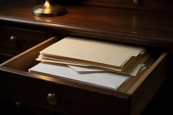 A dark wood desk drawer pulled partly open to show plain folders and envelopes tucked away inside