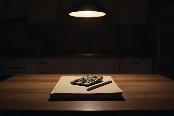 A calculator and pencil on a notebook at a dark kitchen table under a single hanging lamp