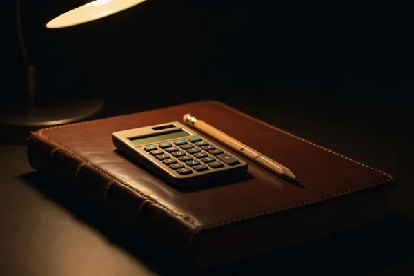 A calculator and pencil resting on a closed leather ledger under the glow of a desk lamp