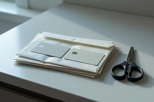 Two blank credit cards resting on a stack of unopened envelopes beside a pair of black scissors on a white counter