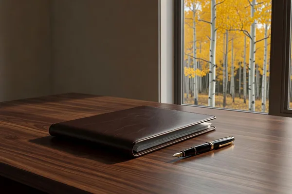 A closed leather portfolio and a fountain pen on a dark wood desk beside a window of golden aspens