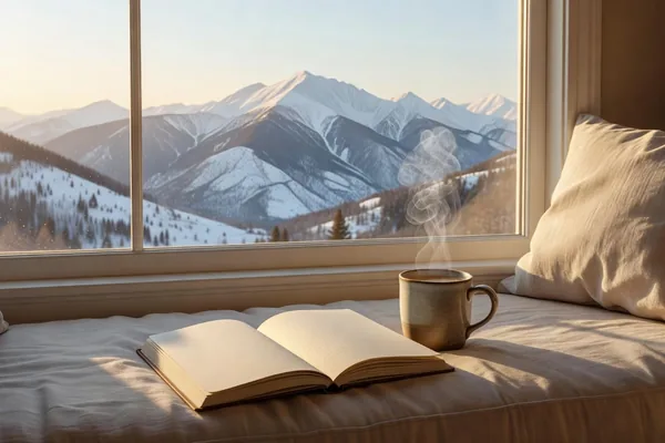 An open blank notebook and a steaming mug on a cushioned window seat facing snow-covered Colorado mountains