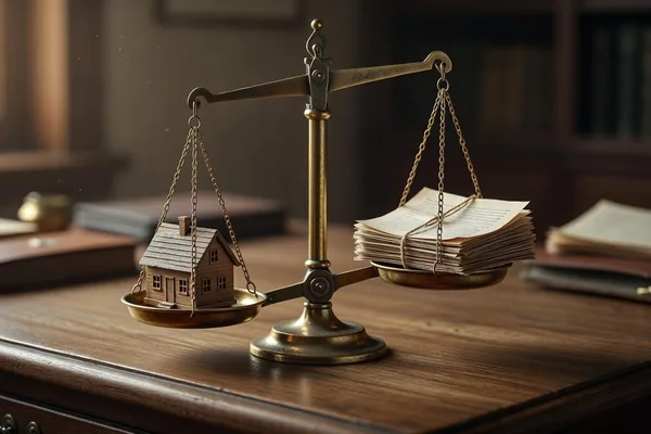 A brass balance scale on a wooden desk, a small model house on one pan and a stack of papers on the other