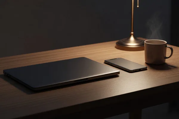 A closed laptop and a face-down phone beside a desk lamp and mug, where co-parenting logistics stay in writing