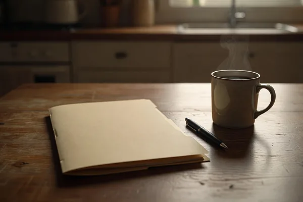 A closed manila folder and a pen beside a cup of coffee on a kitchen table, ready to plan exchange terms