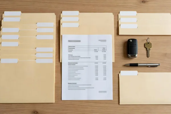 Overhead view of an asset inventory on an oak desk: rows of manila folders, a financial statement, a car key fob, a house key and a pen