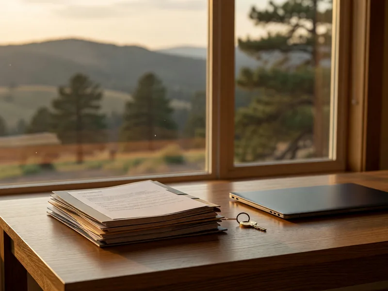 A wooden desk by a window overlooking pine-covered Colorado foothills at golden hour, with a stack of financial folders, a house key and a closed laptop