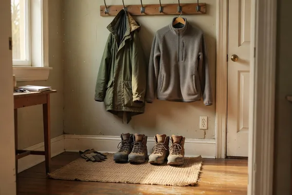 Two jackets on wall hooks and two pairs of hiking boots on a woven mat in a shared home entryway