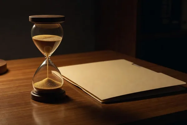 An hourglass with sand running beside a closed manila folder on a wooden desk in low light
